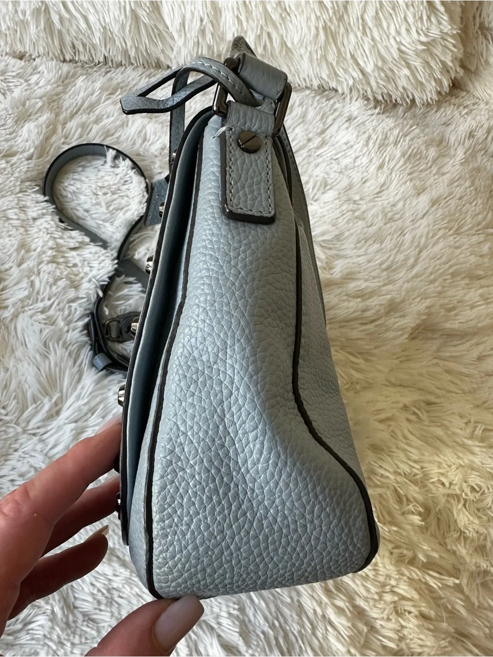 Michael Kors Blue Pebbled Leather Studded Saddle Crossbody Bag Messenger Purse